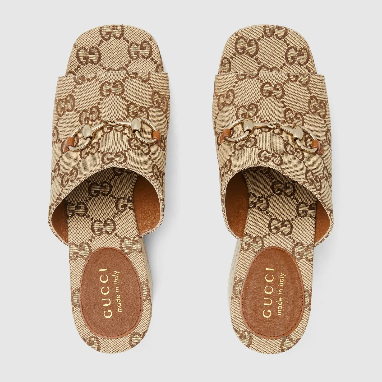 Wedge sandal with dark brown and beige GG fabric Horsebit
