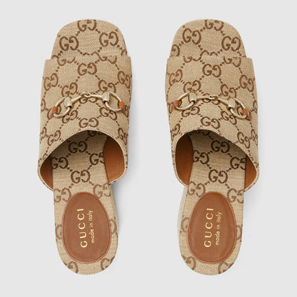Wedge sandal with dark brown and beige GG fabric Horsebit