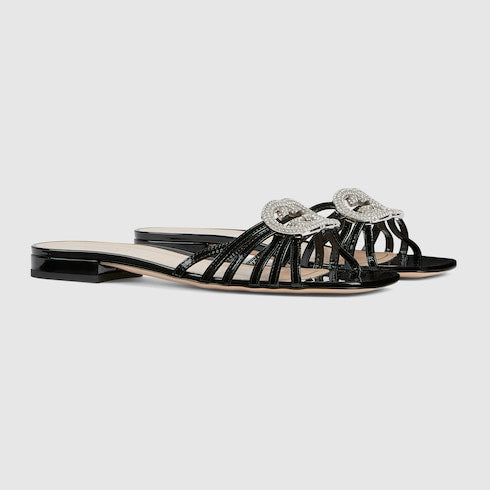 Women's slider sandal with GG criss-cross and crystals in black patent leather