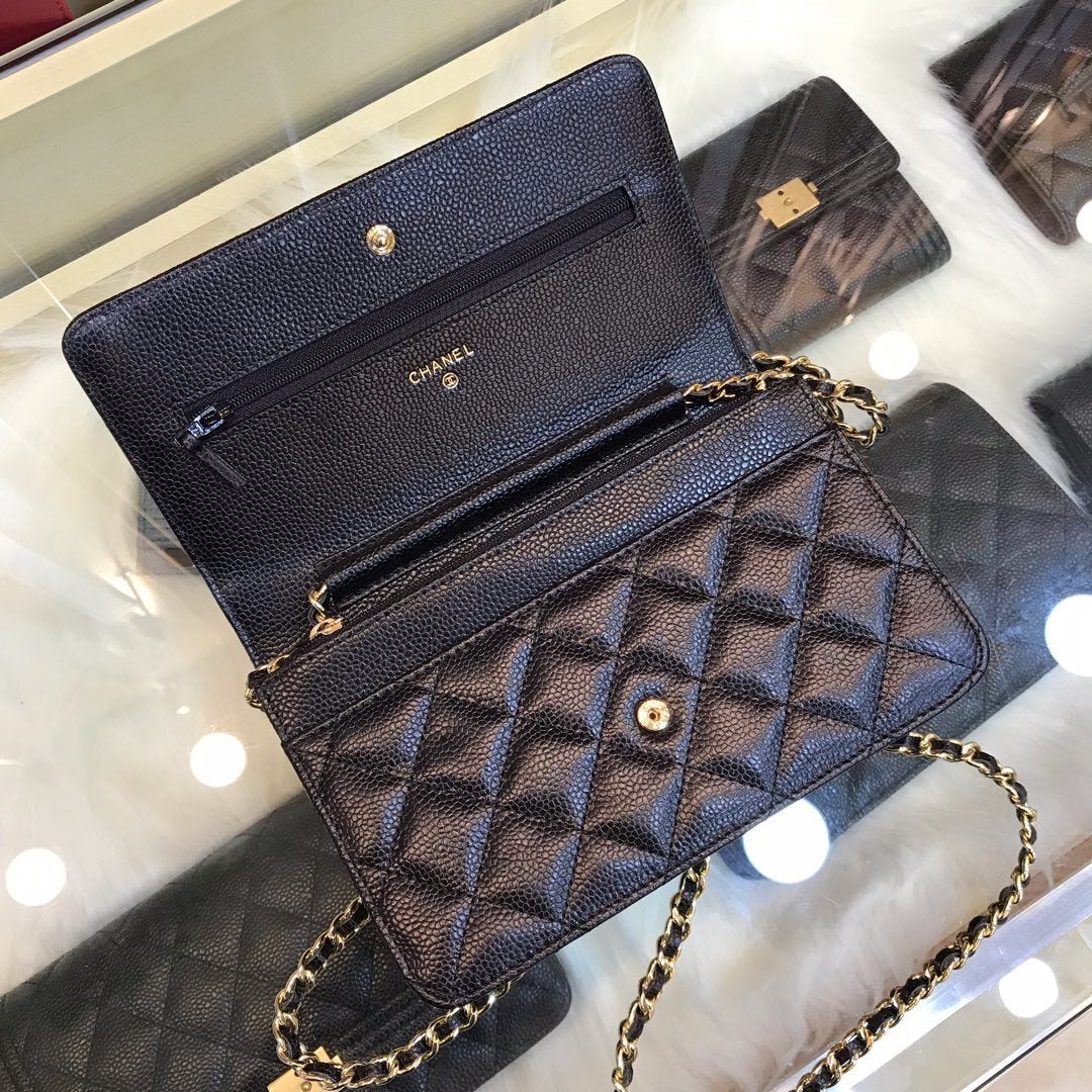 Black wallet with chain and gold logo