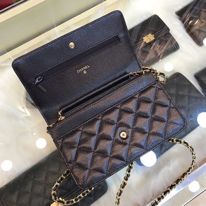 Black wallet with chain and gold logo