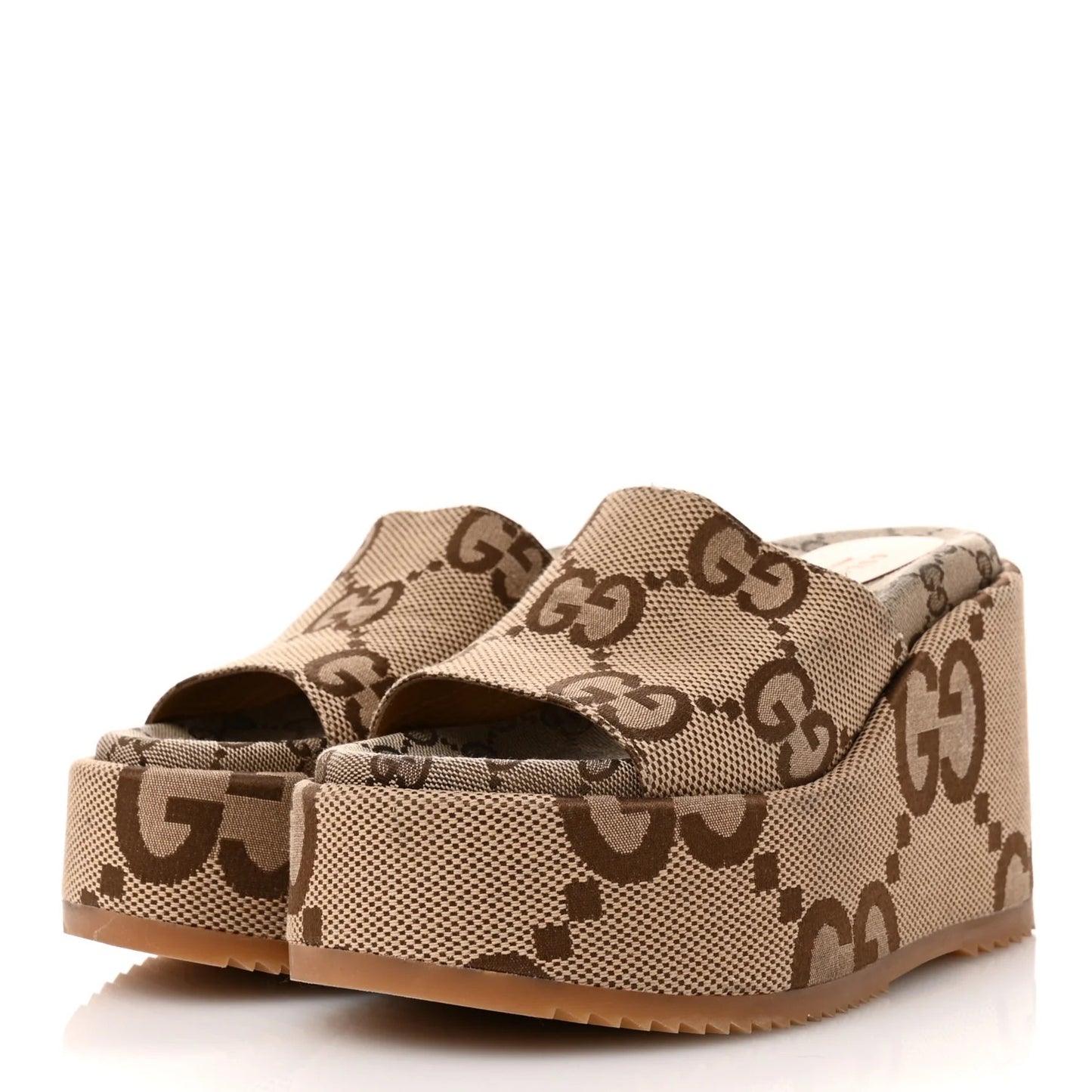 Camel and ebony GG Jumbo Monogram platform wedge sandals