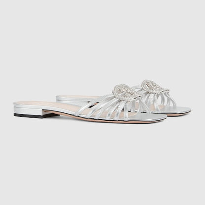 Women's slider sandal with GG criss-cross and crystal-embellished silver leather