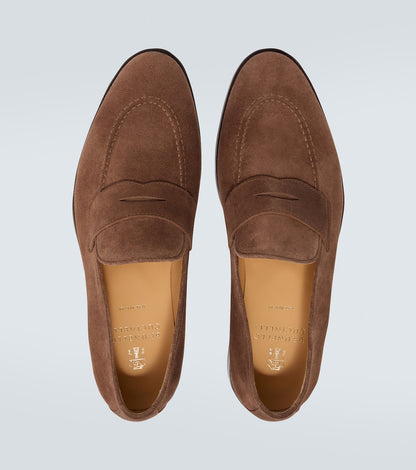 Brown suede penny loafers