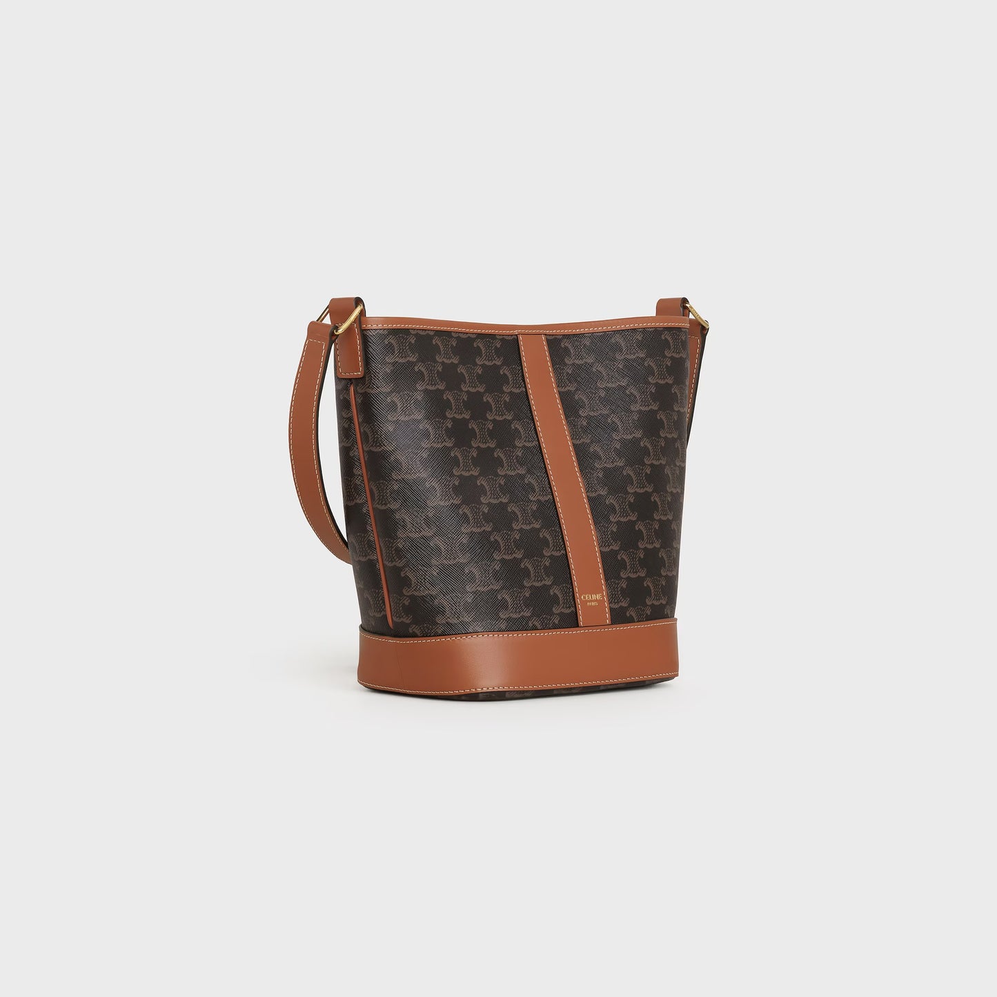 Borsa a secchiello piccola in tela Triomphe e pelle di vitello CUOIO