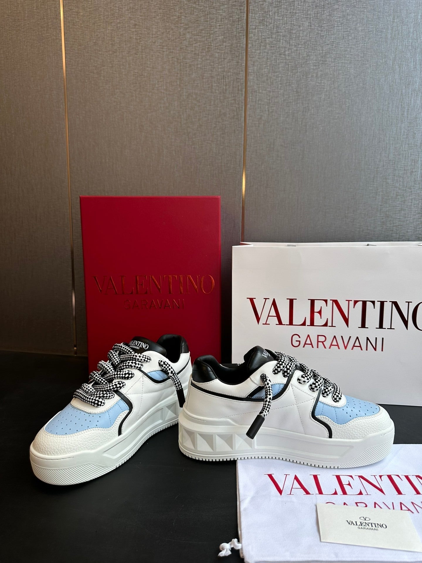 White/Sky Blue Nappa Leather One Stud XL Low-Top Sneakers