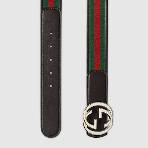 Men's reversible belt with green/red and brown Interlocking G buckle