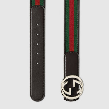 Men's reversible belt with green/red and brown Interlocking G buckle