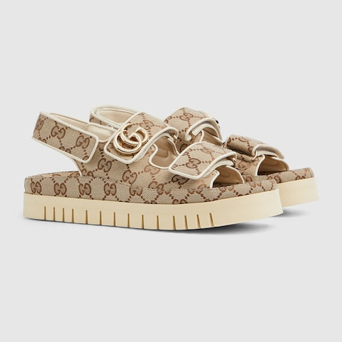 Women's sandal with Double G in beige and dark brown GG fabric