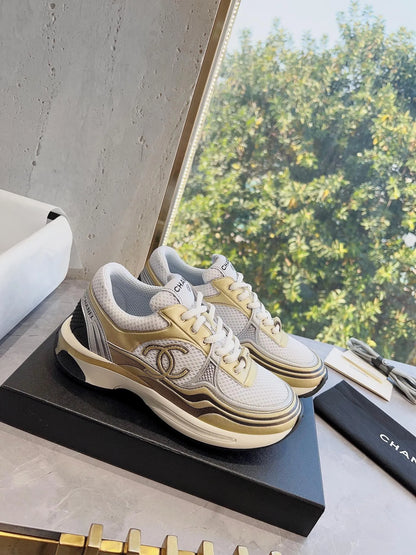 Gold/white mesh suede sneakers