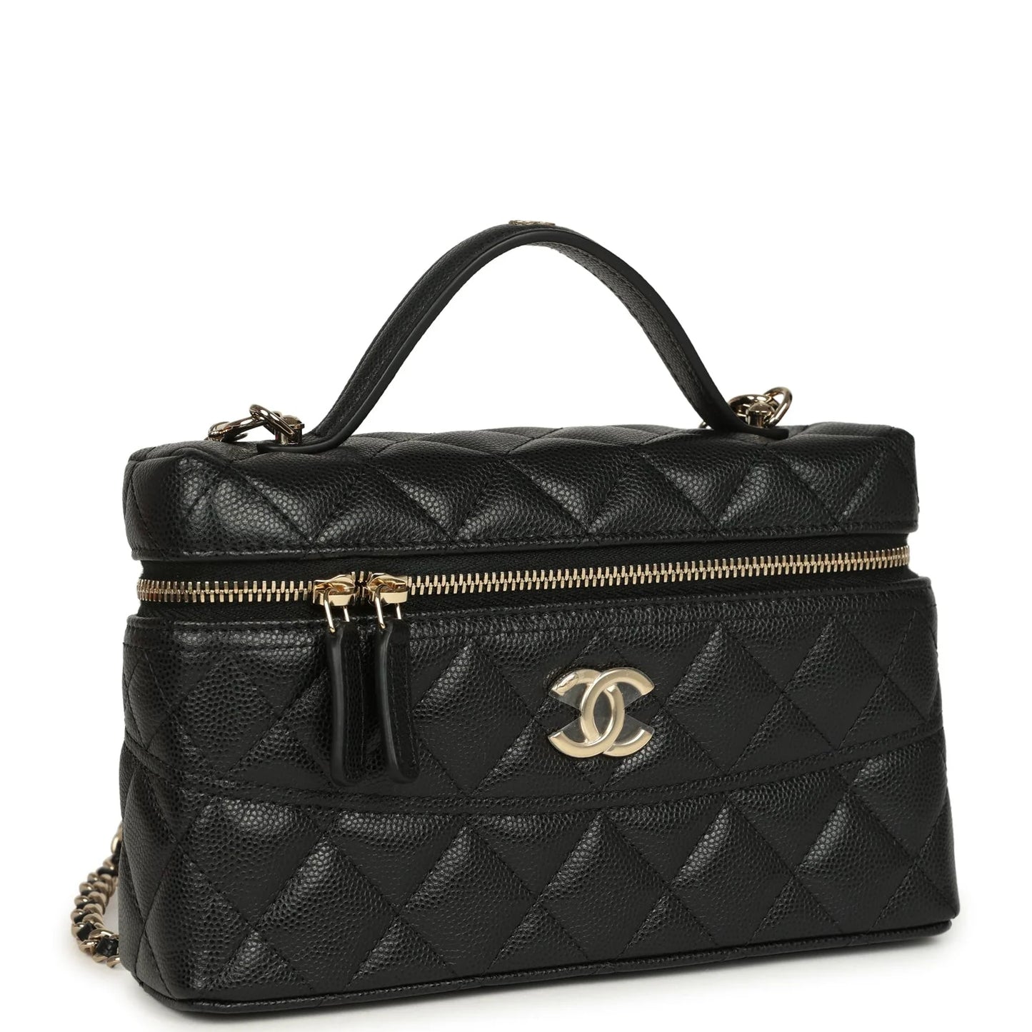 Vanity Case mit Griff oben aus gestepptem schwarzem Lammleder