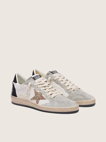 Nappa and suede with glitter star and black heel tab