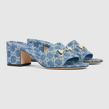 Women's blue GG denim heeled slider sandal