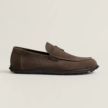 Brown suede loafers with H buckle