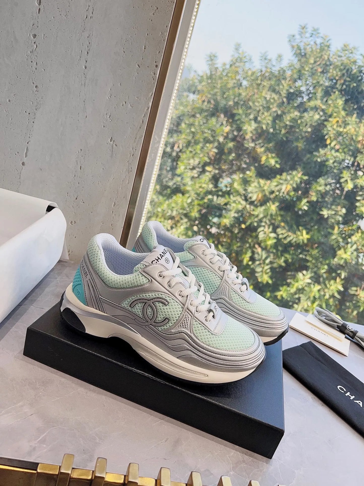 Mint mesh suede sneakers
