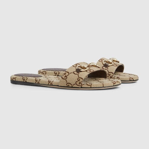 Women's slider sandal with dark beige and brown GG fabric clamp