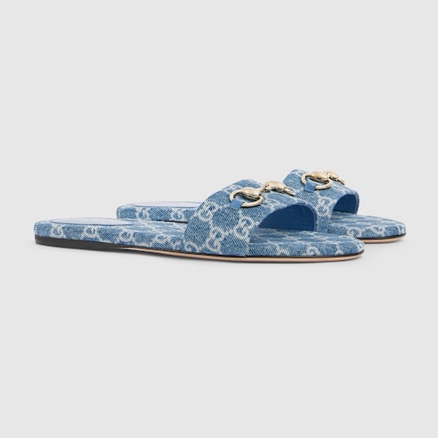 Women's slider sandal with blue GG denim Horsebit