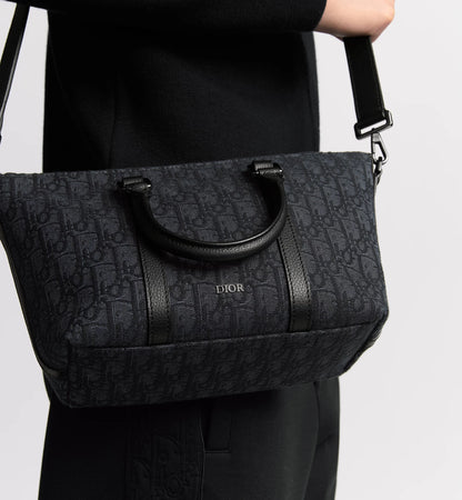 Weekender 25 Nero Jacquard Oblique e pelle di vitello martellata nera