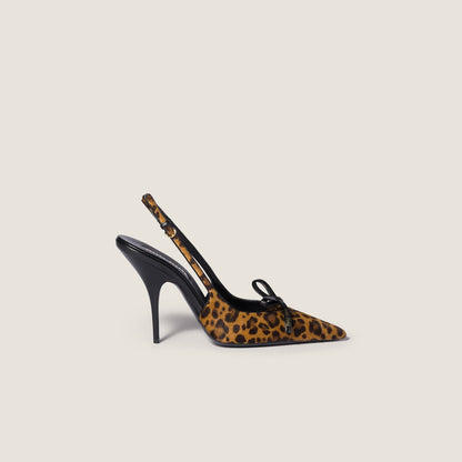 Honey-colored printed leather slingback pumps with bow