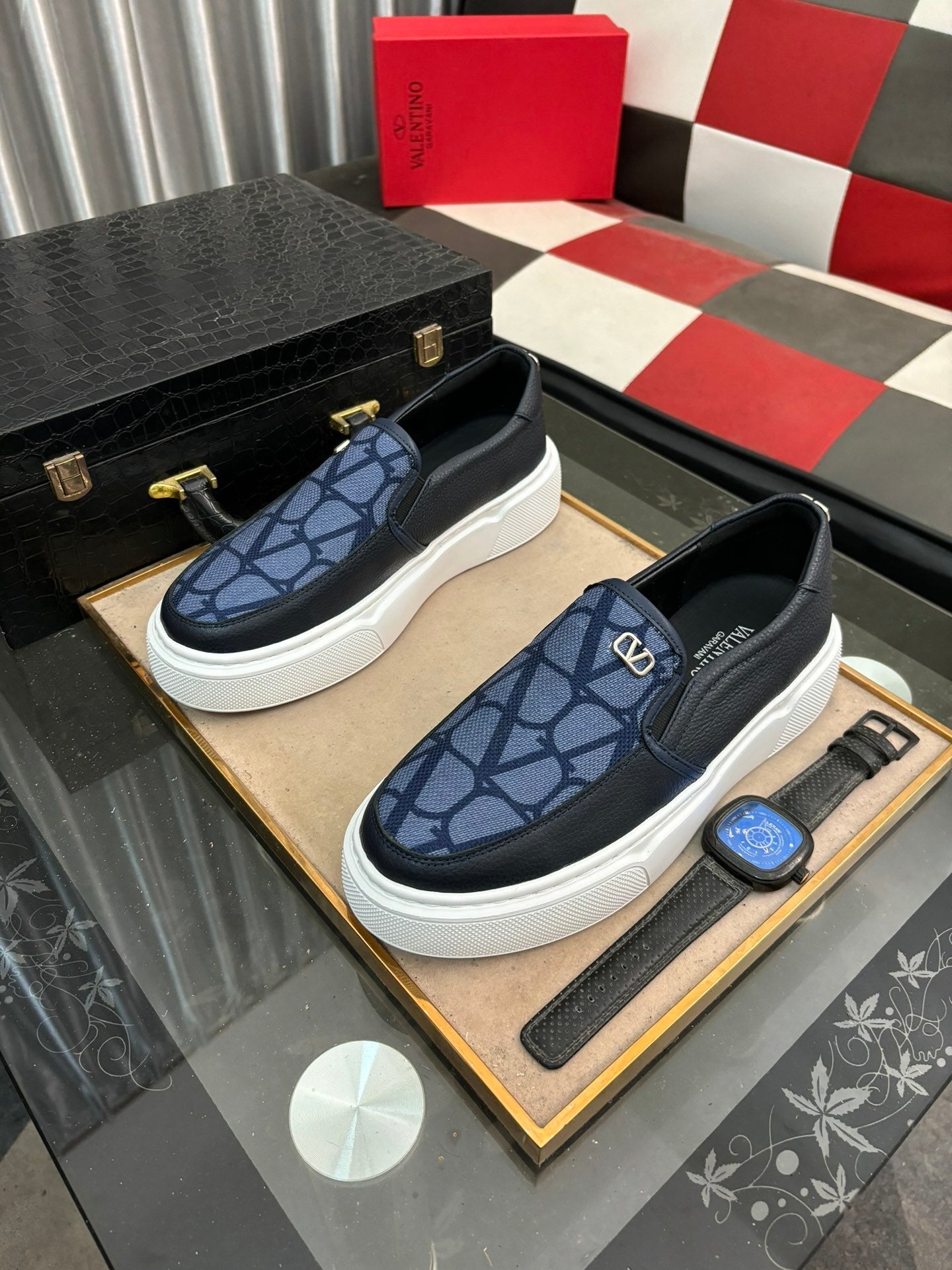Blue Vlogo Leather Loafers