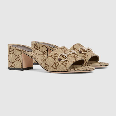Women's slider sandal with GG camel and brown fabric clamp