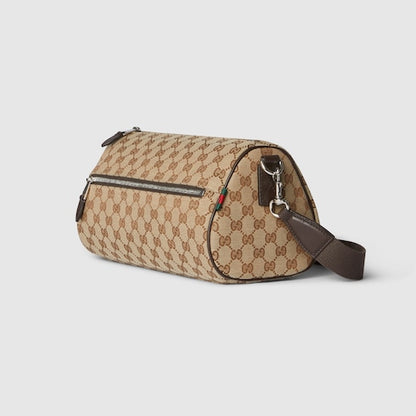 Small cylindrical bag in beige and dark brown GG fabric
