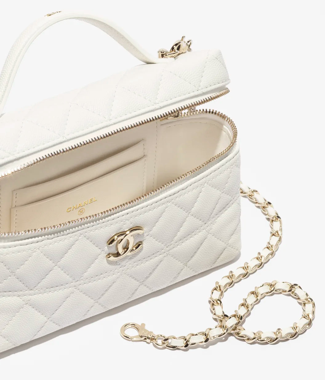 Vanity case with glossy white calfskin handle and gold-tone metal details