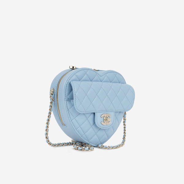 Borsa a forma di cuore grande in pelle di agnello trapuntata azzurra