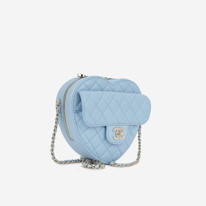 Borsa a forma di cuore grande in pelle di agnello trapuntata azzurra