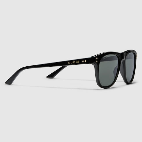 Men's shiny black acetate square sunglasses with metal rivets