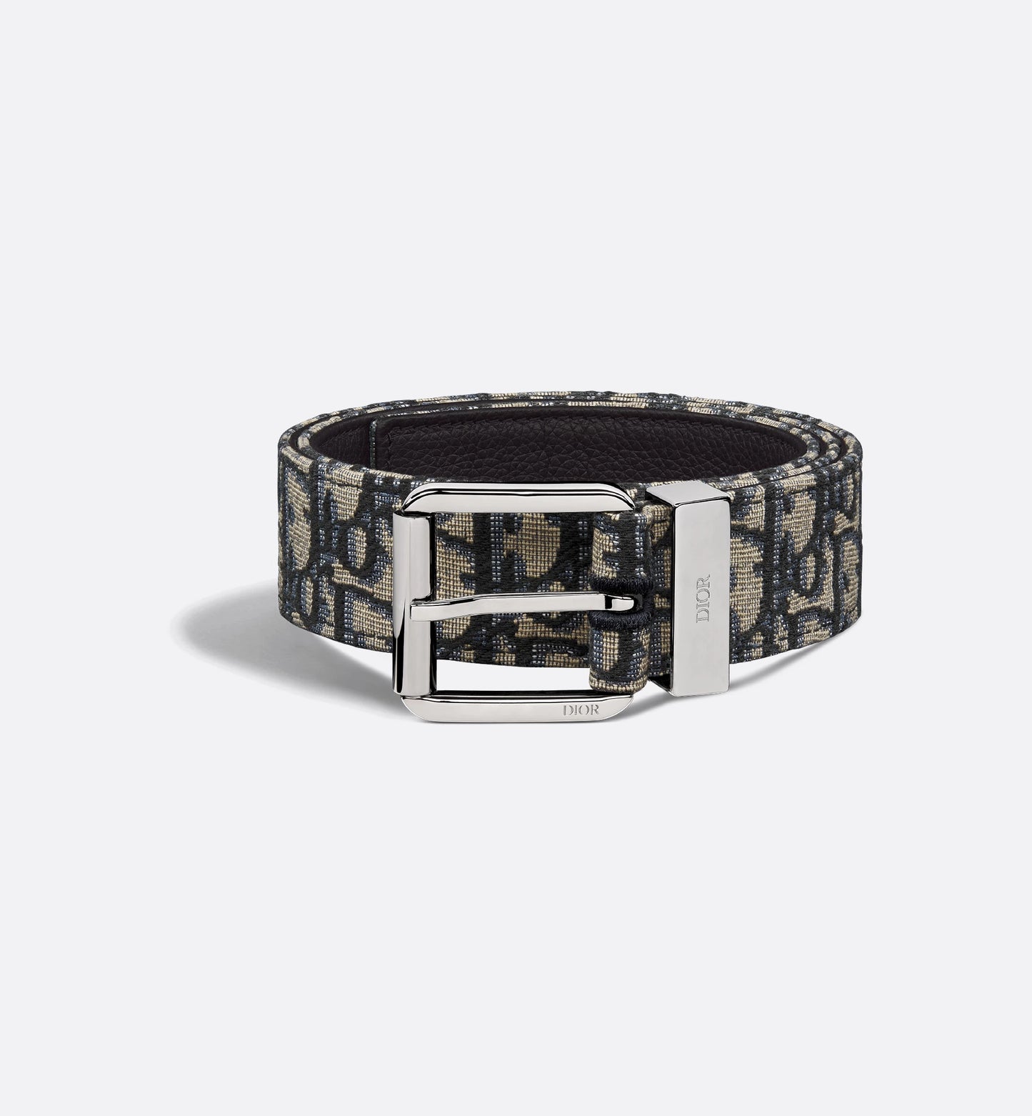 Men's Beige and Black Oblique Jacquard Belt with Black Grained Calfskin 35 mm