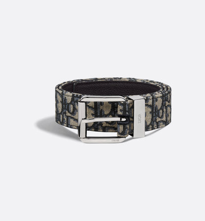 Men's Beige and Black Oblique Jacquard Belt with Black Grained Calfskin 35 mm