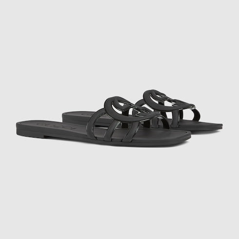 Women's slider sandal with GG crossover in black rubber