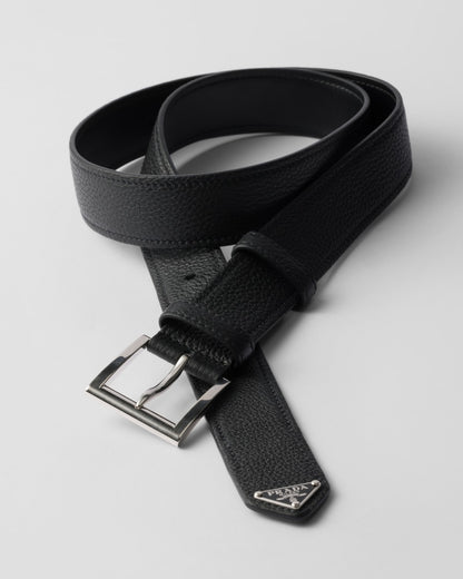 Men's black leather belt with metal buckle and triangle logo