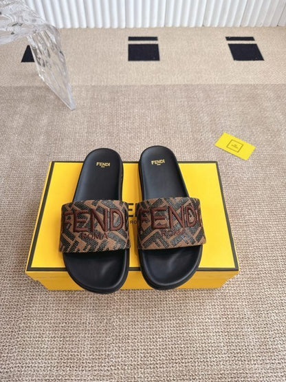 Brown velvet flat sandals with embroidered Sunshine logo