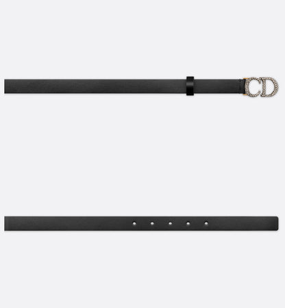 Women's 20mm black smooth calfskin saddle belt with silver-tone crystals