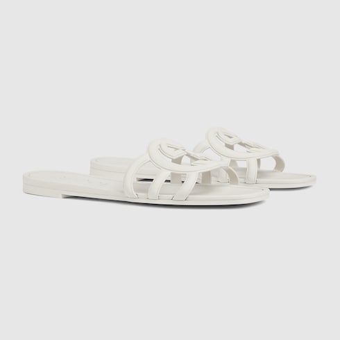 Women's slider sandal with GG Interlocking in white rubber