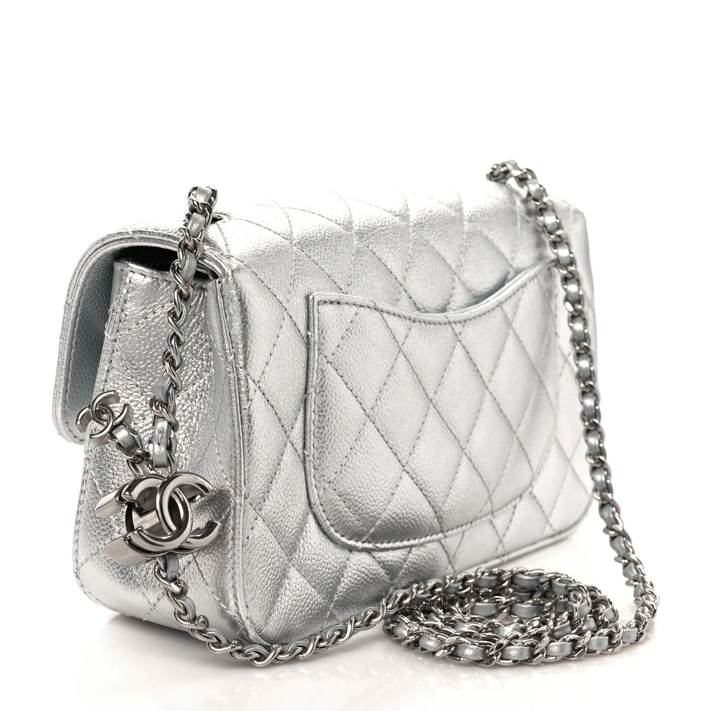 Mini metallic quilted rectangular Caviar bag with silver CC Slide flap