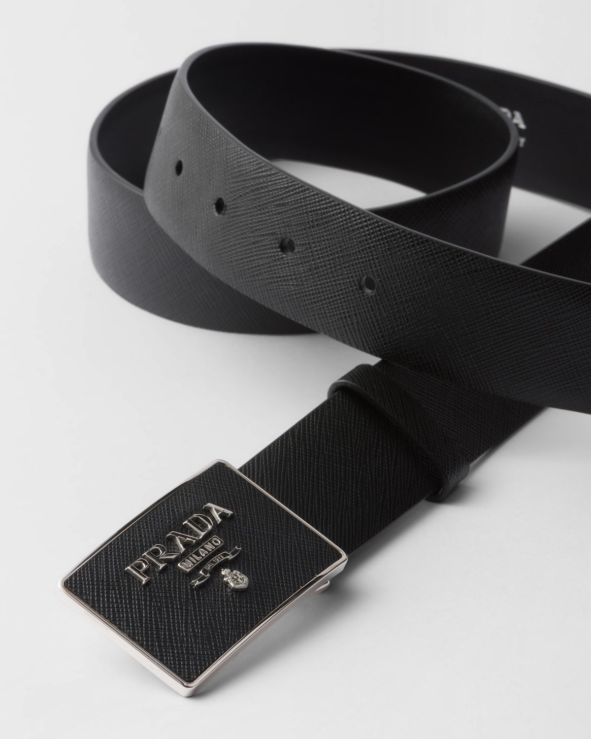 Men's black Saffiano leather belt with covered metal buckle