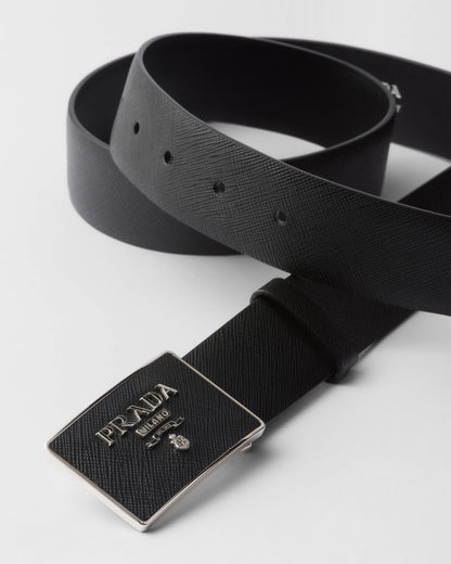 Men's black Saffiano leather belt with covered metal buckle