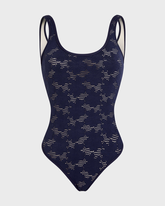 Costume Intero in jacquard con motivi floreali e ricamo inglese