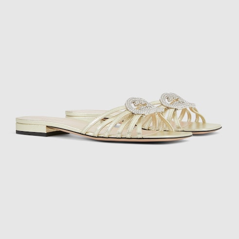 Women's slider sandal with GG criss-cross and crystals