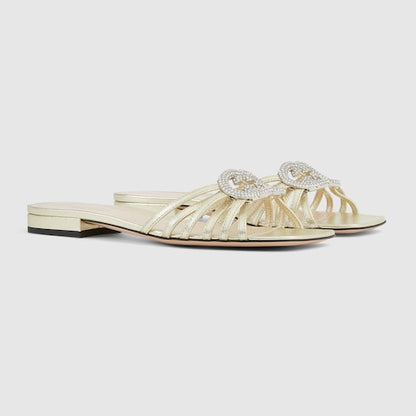 Women's slider sandal with GG criss-cross and crystals