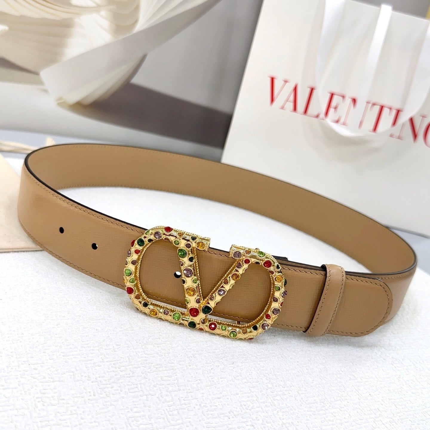 VLogo Signature reversible belt in beige, embellished with multicolored Swarovski crystals