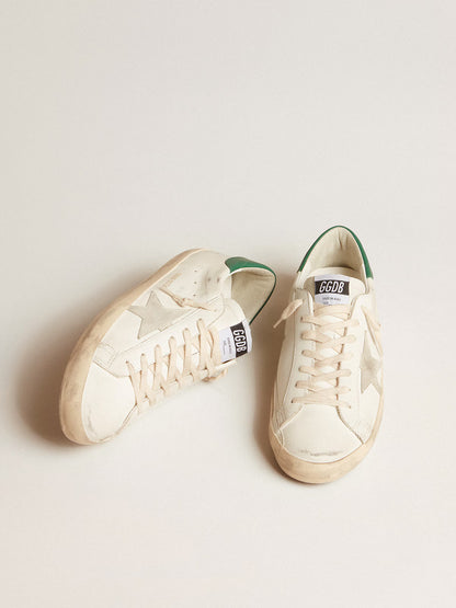 White leather with ice-grey suede star and green leather heel tab