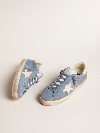 Light blue suede with star and beige leather heel tab