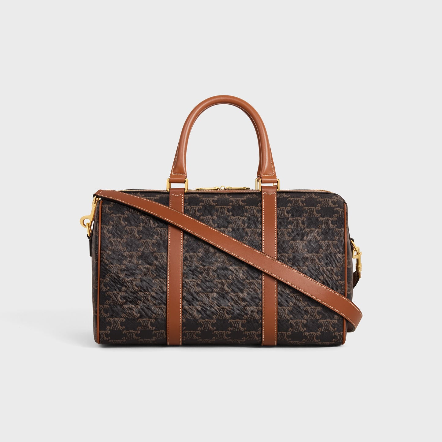 Borsa Boston grande in tela Triomphe e pelle di vitello CUOIO