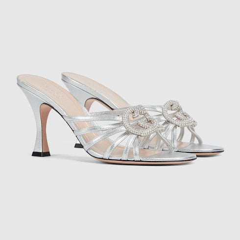Women's silver leather GG Interlocking crystal slider sandal with heel