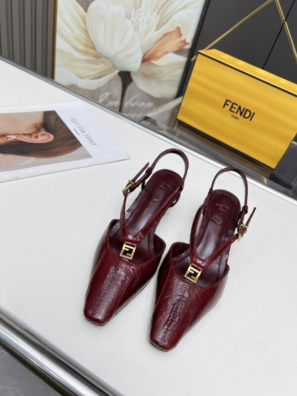 Burgundy leather kitten heel pumps with gold FF buckles
