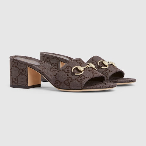 Women's slider sandal with dark brown GG fabric clamp